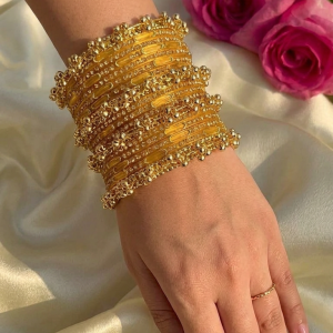 RaSha Sawan Special 12 Yellow Moon Glass Bangles with 4 Heavy Kashmiri Ghungroo Bangles