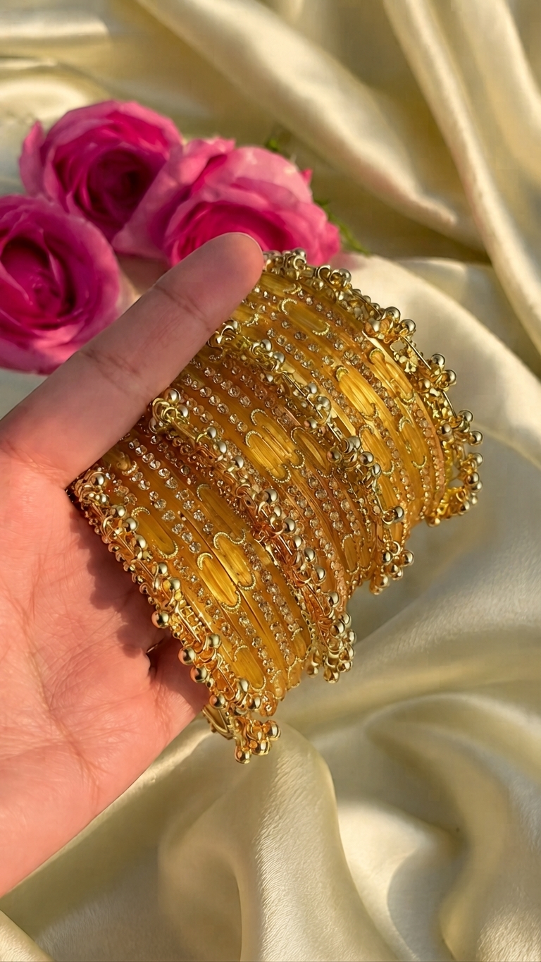 RaSha Sawan Special 12 Yellow Moon Glass Bangles with 4 Heavy Kashmiri Ghungroo Bangles - Image 2