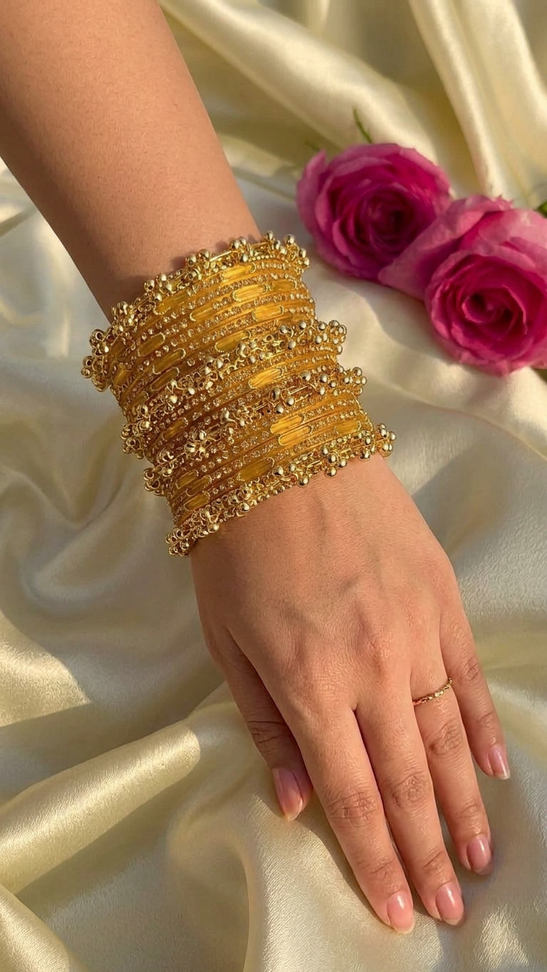 RaSha Sawan Special 12 Yellow Moon Glass Bangles with 4 Heavy Kashmiri Ghungroo Bangles