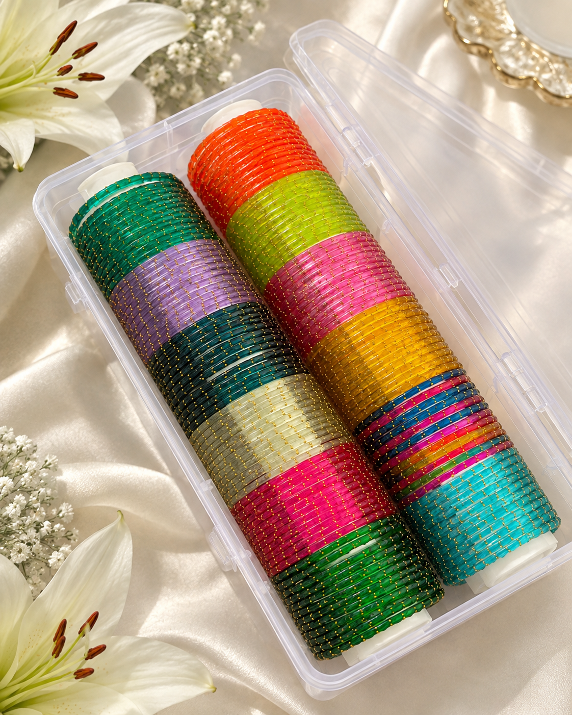 RaSha Jewels 12 Color Raindrop Glass Bangles ( 12 dozen )Set with Premium Storage Box | Multicolor Glass Bangles Collection (288 pieces)