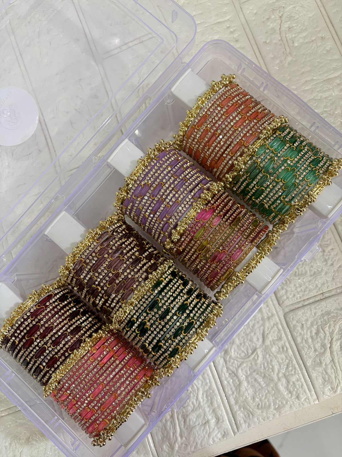 8 Multicolour Moon Glass Bangles SET ( 96 BANGLES) with 8 Heavy Kashmiri Ghungroo Bangles & Premium Storage Box - Image 3