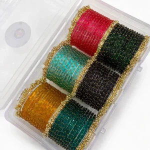 6 Raindrop Glass Bangles Set (72 Bangles) with 8 Heavy Kashmiri Ghungroo Bangles with Box