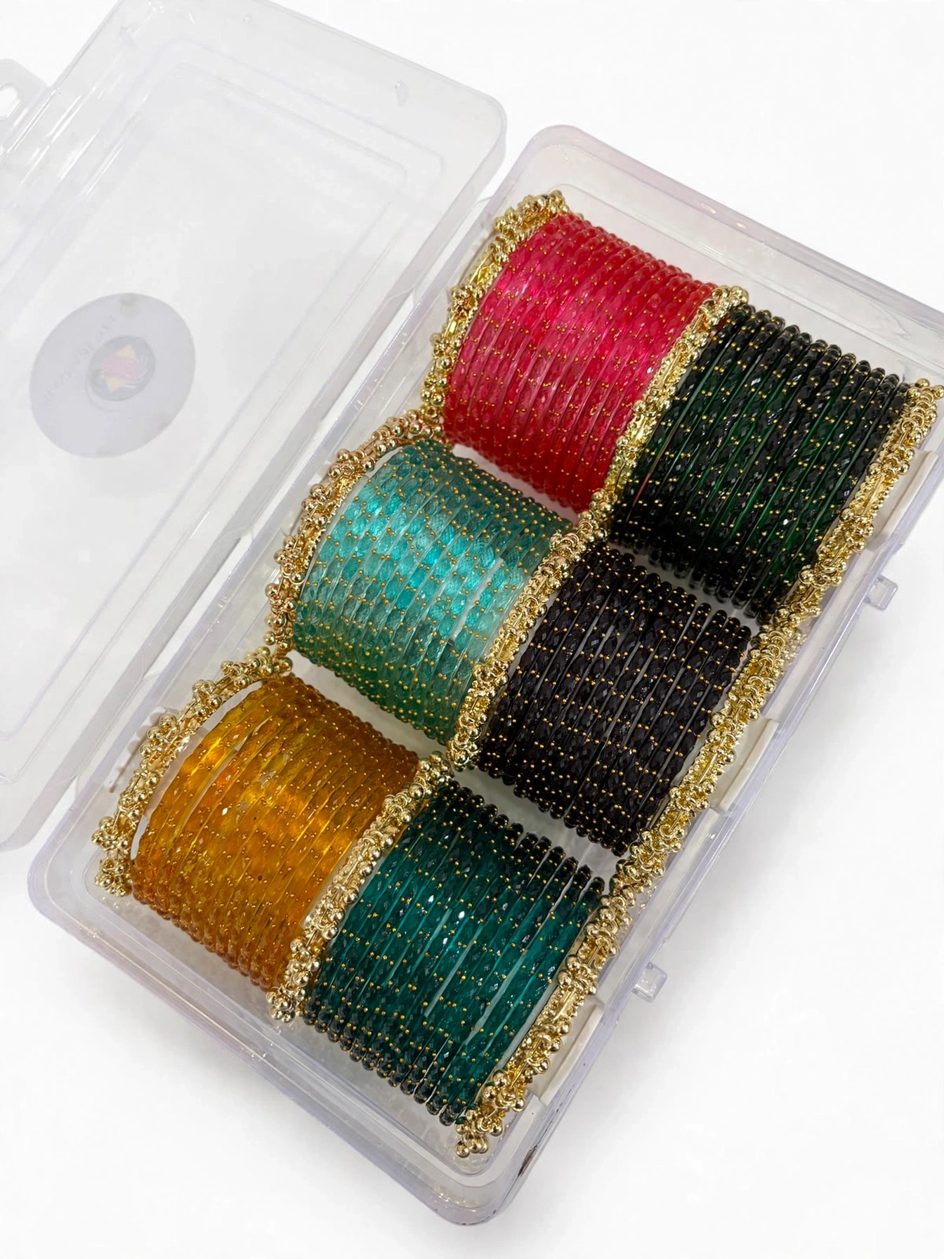 6 Raindrop Glass Bangles Set (72 Bangles) with 8 Heavy Kashmiri Ghungroo Bangles with Box