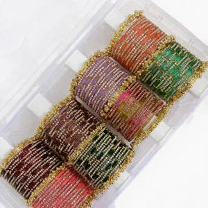 8 Multicolour Moon Glass Bangles SET ( 96 BANGLES)  with 8 Heavy Kashmiri Ghungroo Bangles & Premium Storage Box