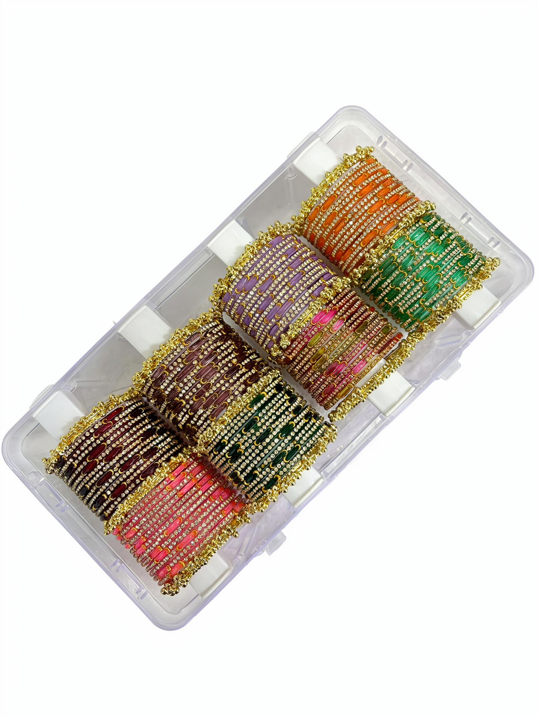 8 Multicolour Moon Glass Bangles SET ( 96 BANGLES) with 8 Heavy Kashmiri Ghungroo Bangles & Premium Storage Box - Image 2