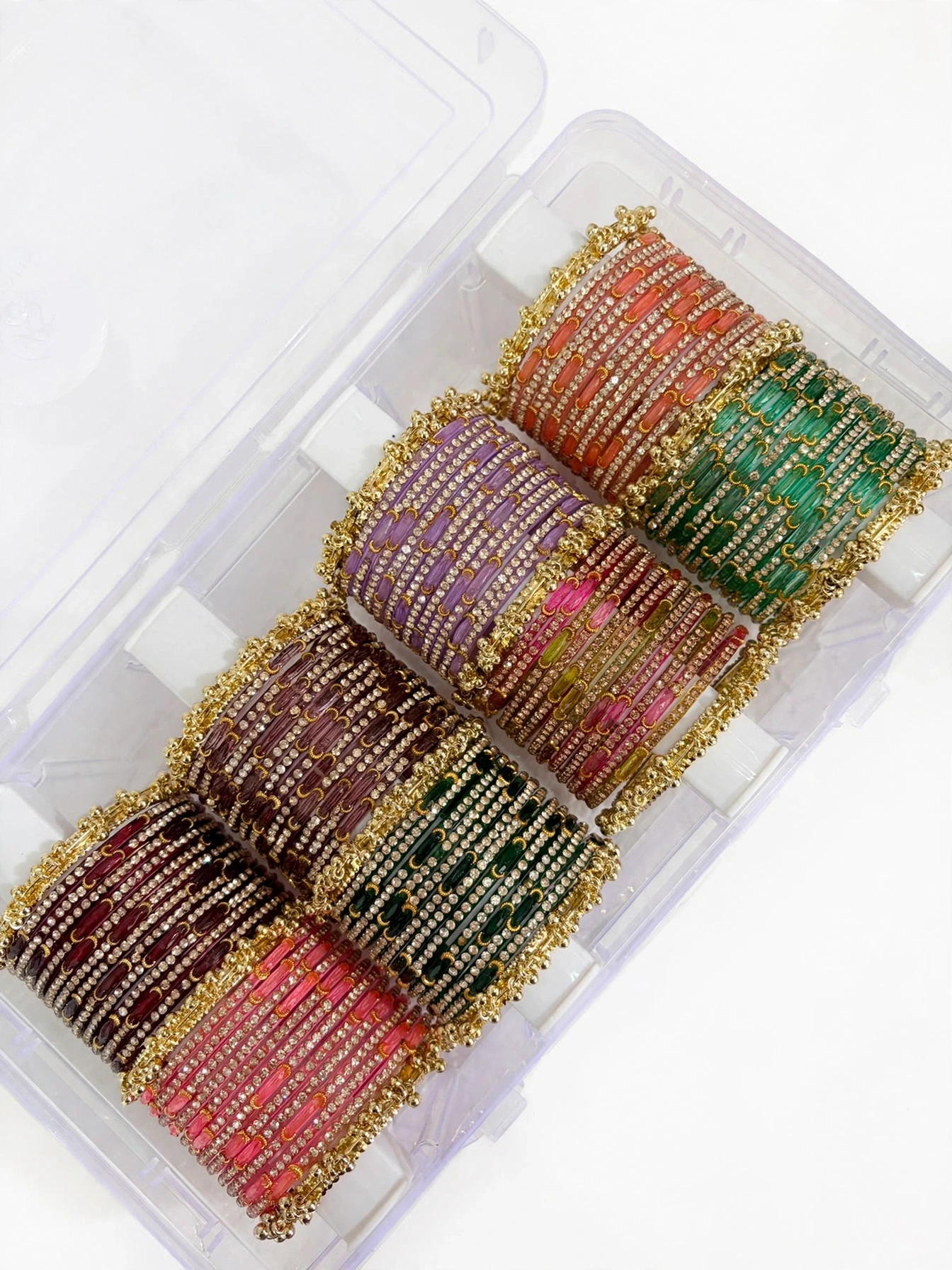 8 Multicolour Moon Glass Bangles SET ( 96 BANGLES) with 8 Heavy Kashmiri Ghungroo Bangles & Premium Storage Box